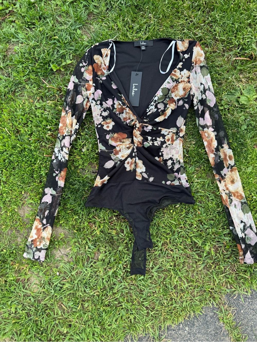 Lulu's Black Floral Twist-Front Long-Sleeve Mesh Bodysuit